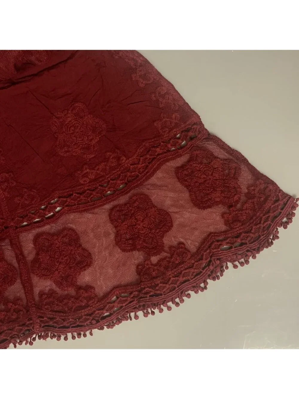 Womens Wine Red Rayon V-Neck Coverup Mesh Lace Bathing Suit Swimsuit Coverup
